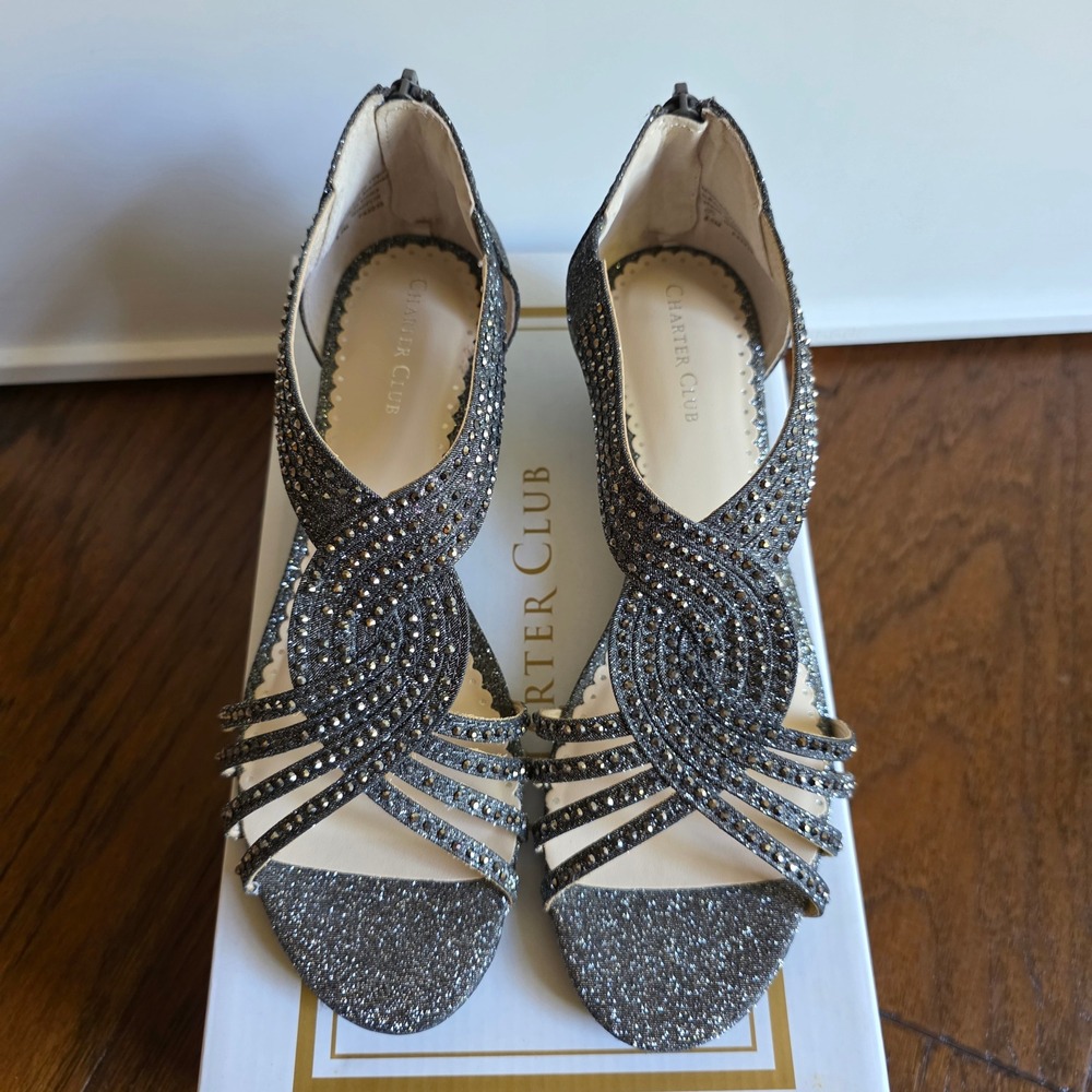 Never-Worn Charter Club Pewter Rhinestone Wedge Sandals 8.5M w/ Original Box